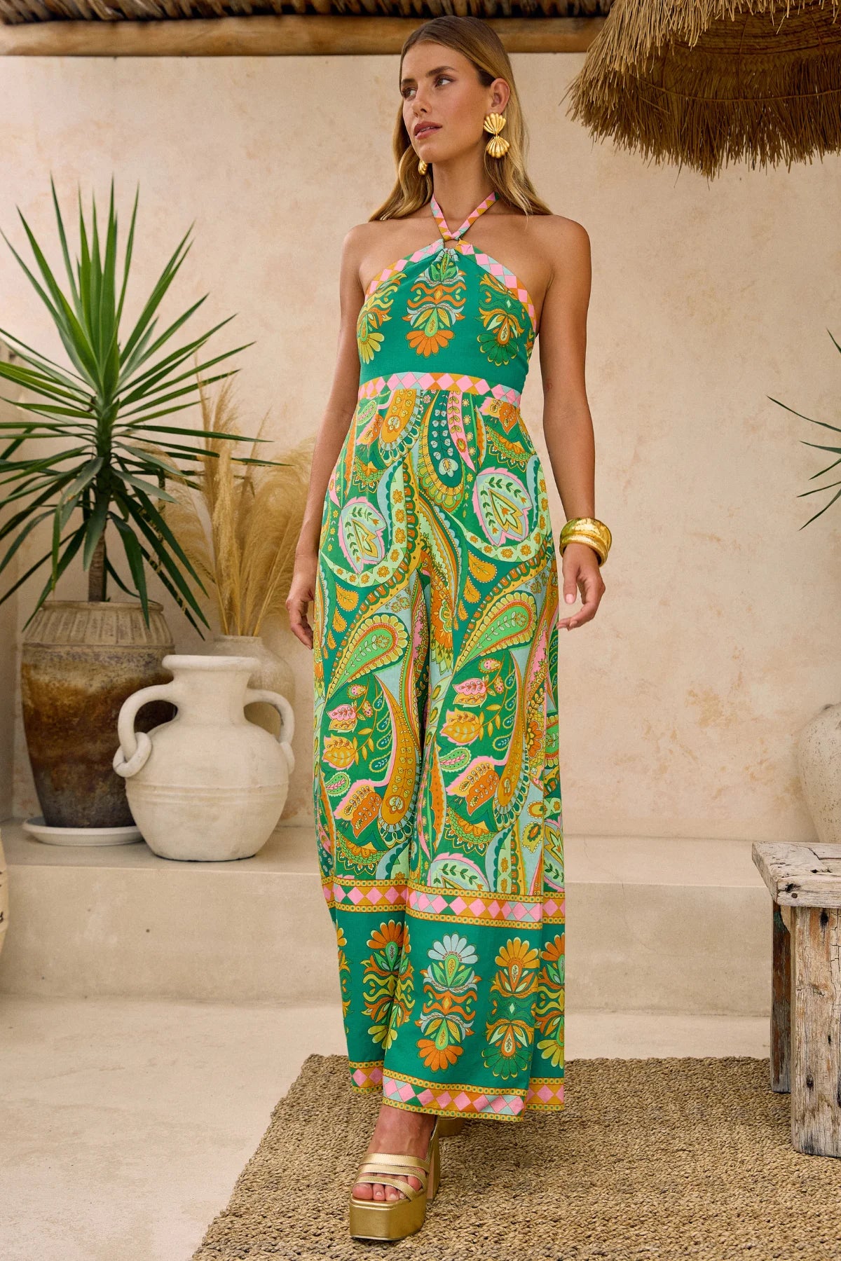 Nine Lives Bazaar Calypso Jumpsuit - Eden | '70s Floral Wide