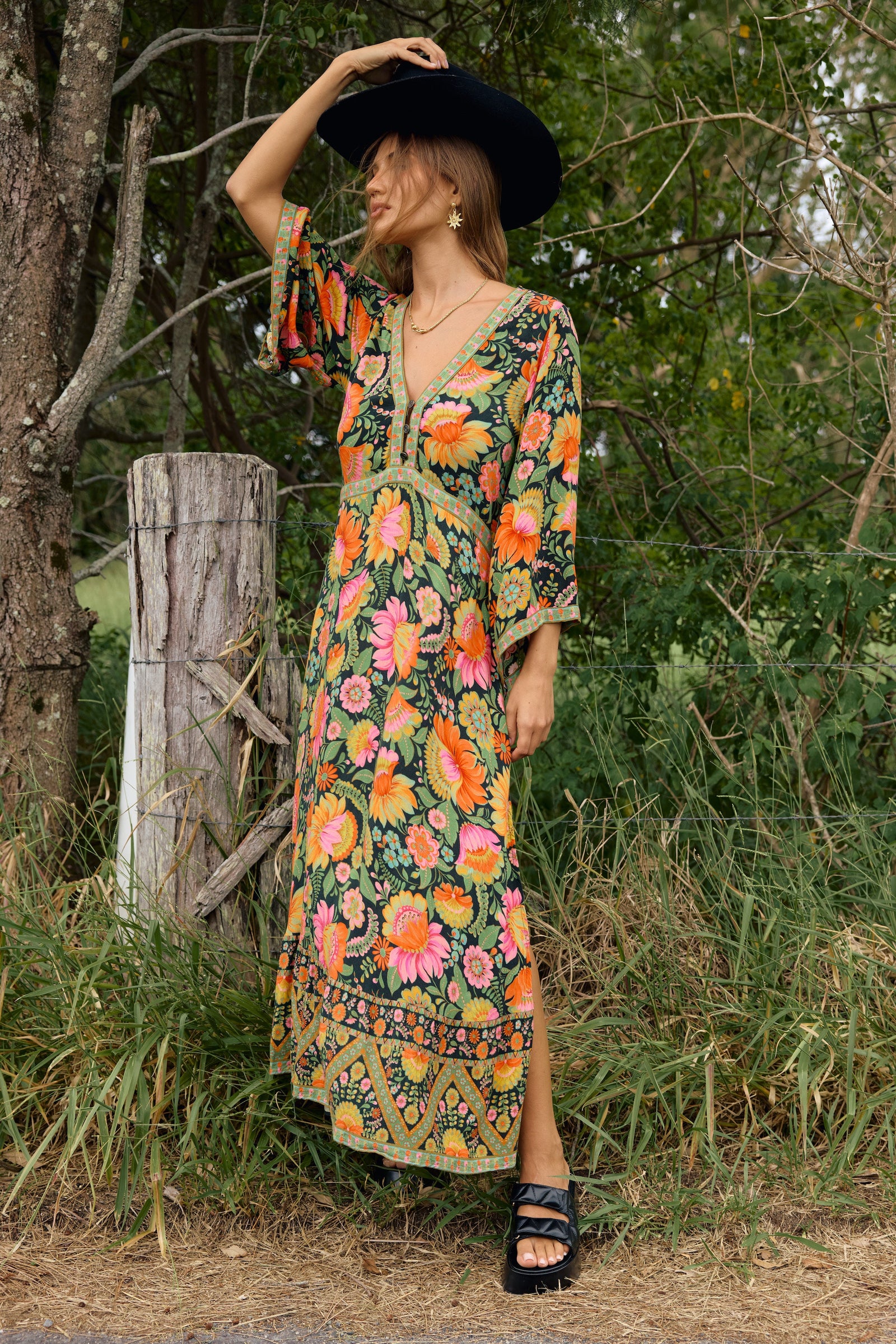Empire Dress ‚ a Fiesta Flowy Button Front Statement Dress – Nine Lives Bazaar