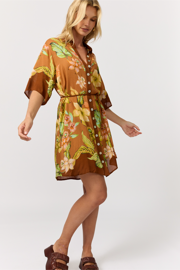 Woman wearing a brown floral dress on a white background