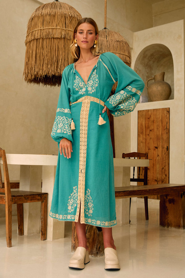 Agnes Embroidered Midi Dress - Turquoise