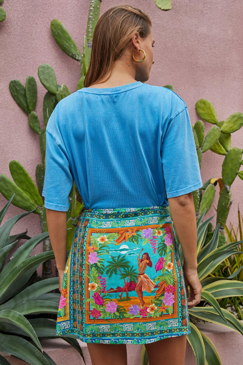 Person wearing a blue top and colorful skirt with a hula dancer design, standing in front of cacti.