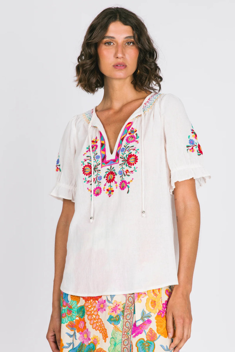 Woman wearing a white blouse with colorful embroidery on a plain background