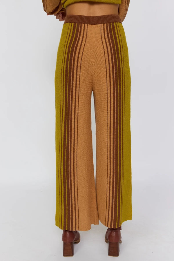 Mustard and brown striped pants on a white background