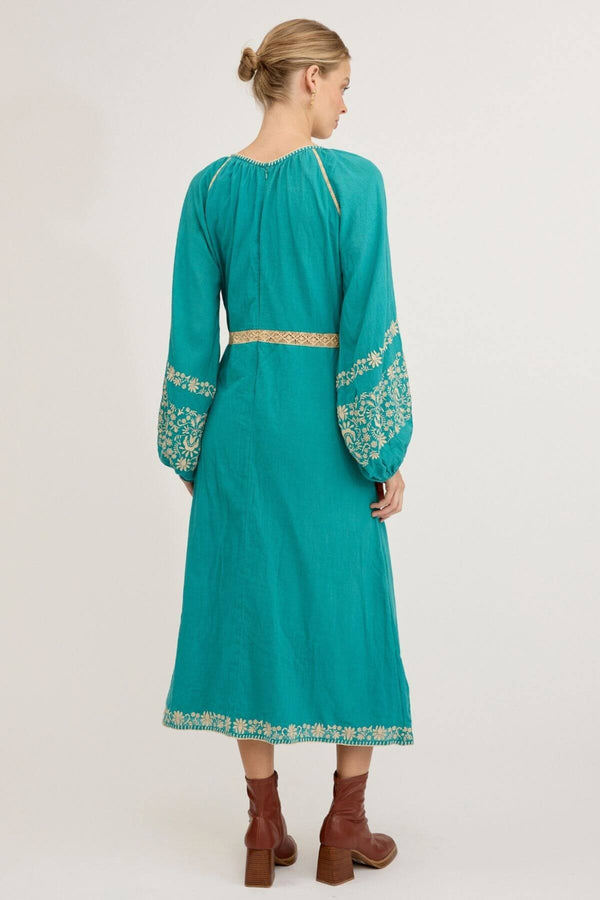 Agnes Embroidered Midi Dress - Turquoise