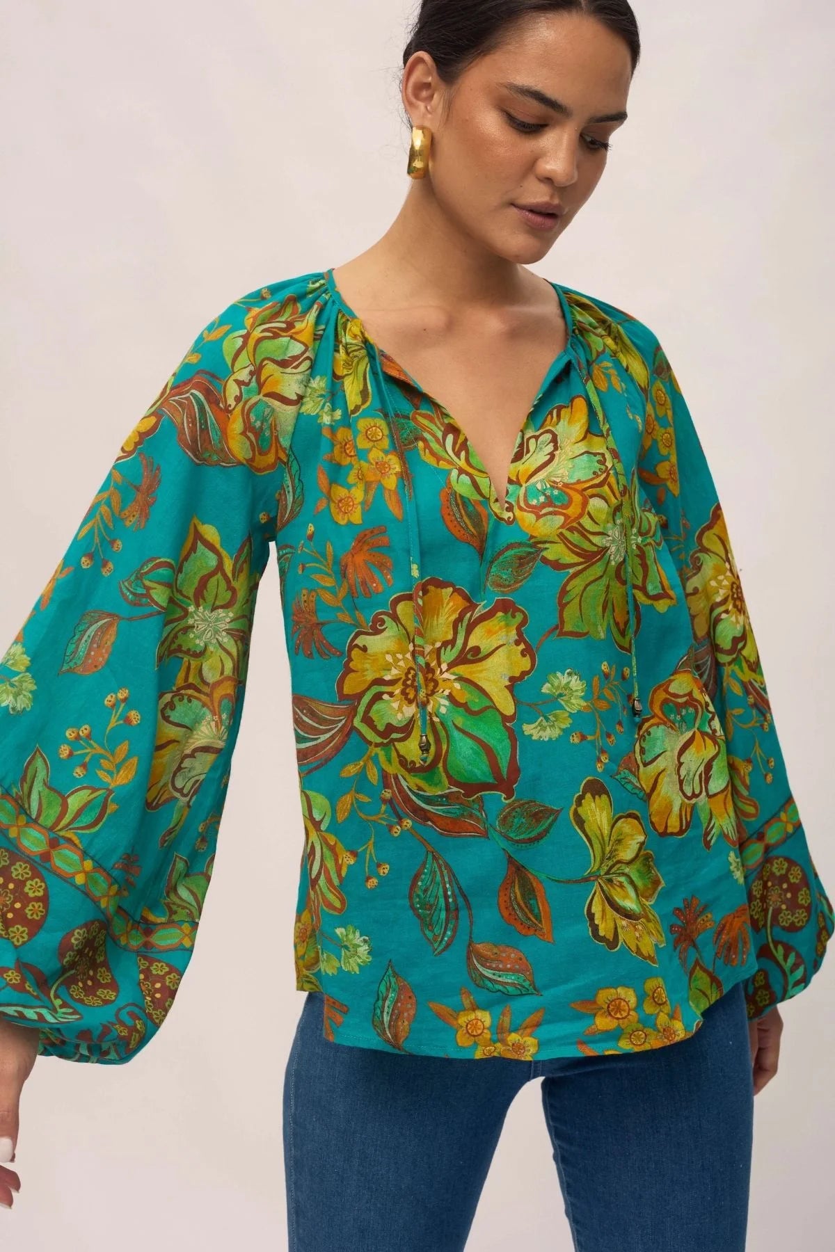 Regina Blouse, Long Sleeve, Peacock Floral