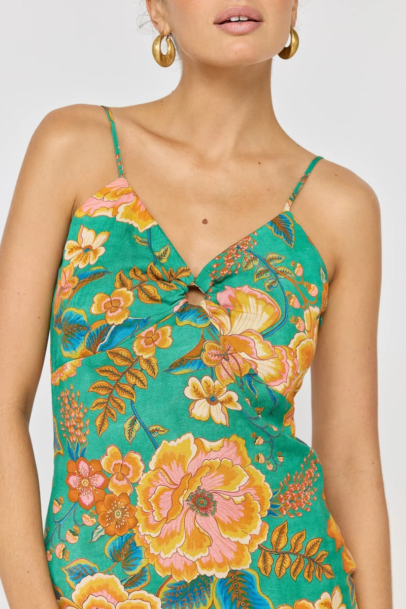 Woman wearing a floral dress with a white background