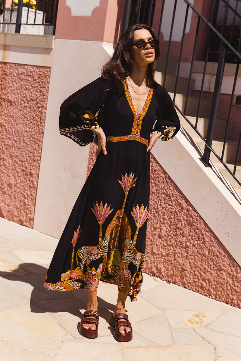 Empire Safari Print Dress – Flowy Bell Sleeve Midi Dress – Nine