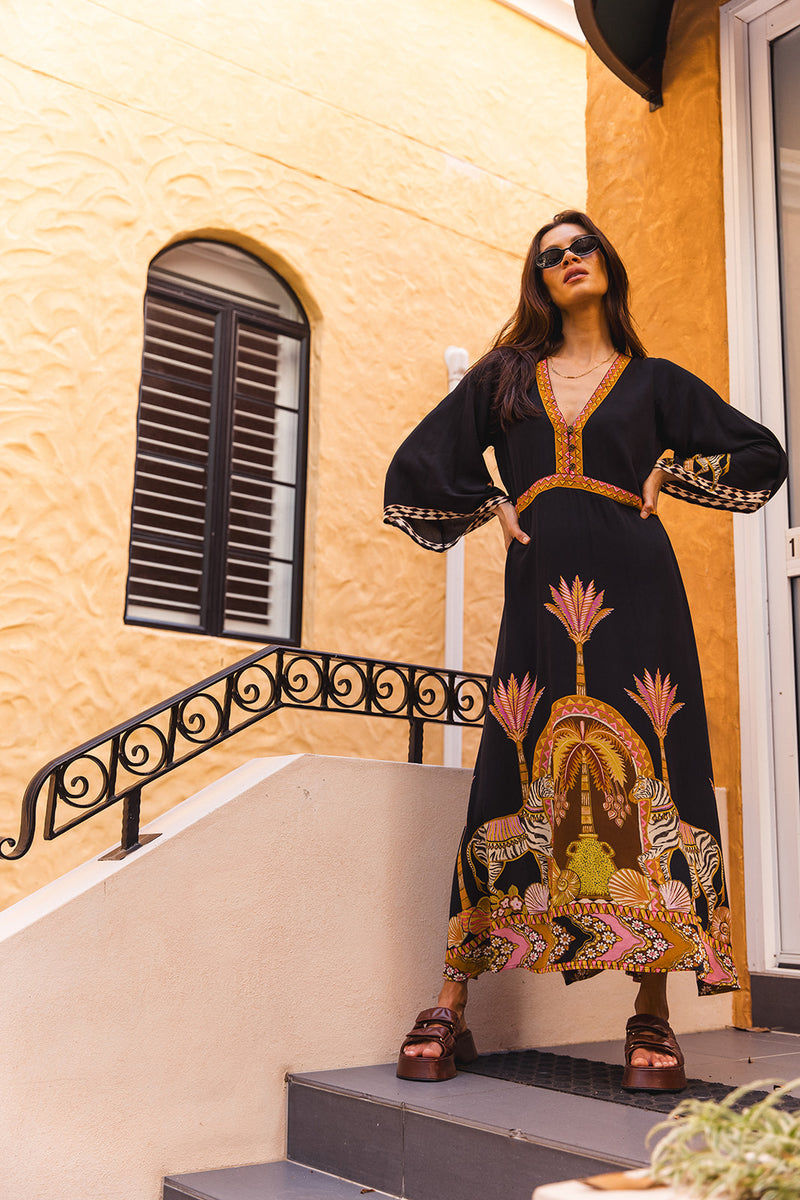harvest nights plisse empire maxi dress Empire Safari Print Dress – Flowy Bell Sleeve Midi Dress – Nine Lives Bazaar