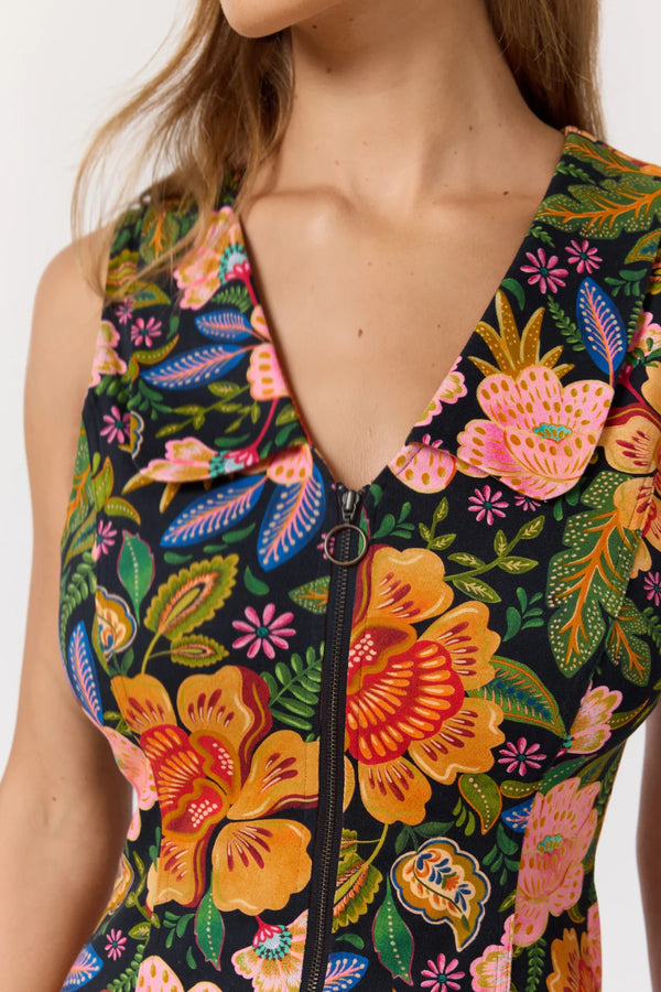 Colorful floral-patterned sleeveless top on a white background
