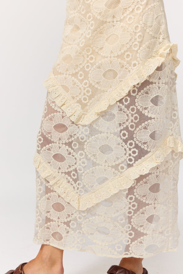 A close-up of a person wearing a cream lace maxi skirt with tiered ruffle layers and brown flat sandals, shown against a plain light background.